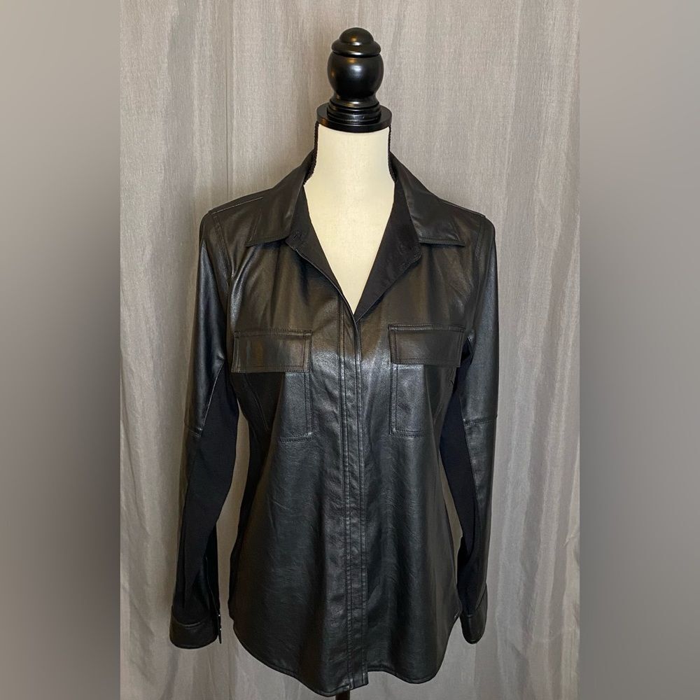 BCBGMaxAzria Size S Torey Black faux leather button up blouse unisex style